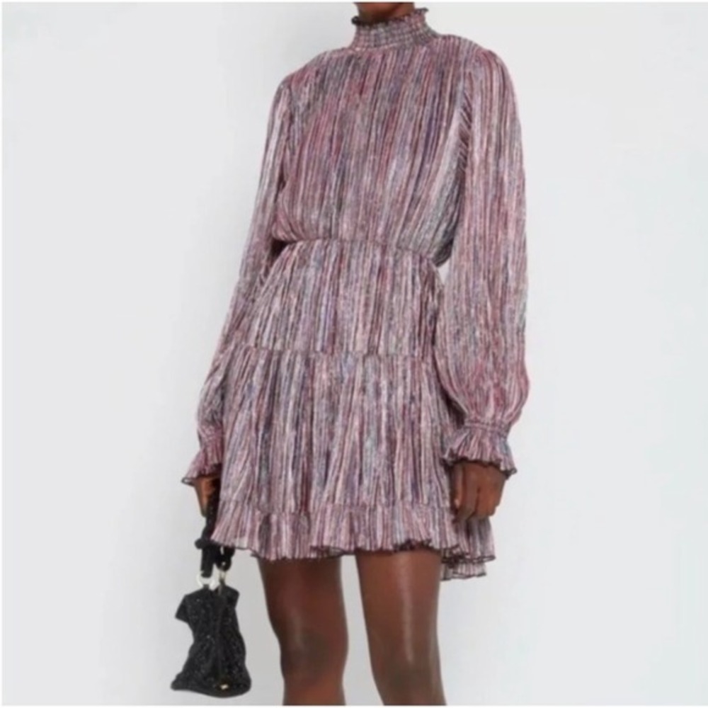 O.P.T.‎ Metallic Pleated Mini Dress Multi Color Striped Smocked High Neck XS